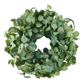 Artificial Decorative Wreath, 26 in, Green, Decorated with Eucalyptus Leaves, Berries, Thorny Stems