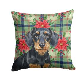 Wirehaired Black and Tan Dachshund Christmas PoinsettIas Throw Pillow Decorative Indoor Outdoor Accent Cushion for Couch, Bed or Patio, 14Hx14W