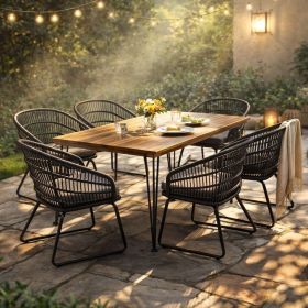 7 PCS Outdoor Dining Set for 6, Rectangular Table with Acacia Wood Top & Rattan Chairs, 72" Large Modern Furniture Set for Patio, Deck, Backyard (Color: as Pic)